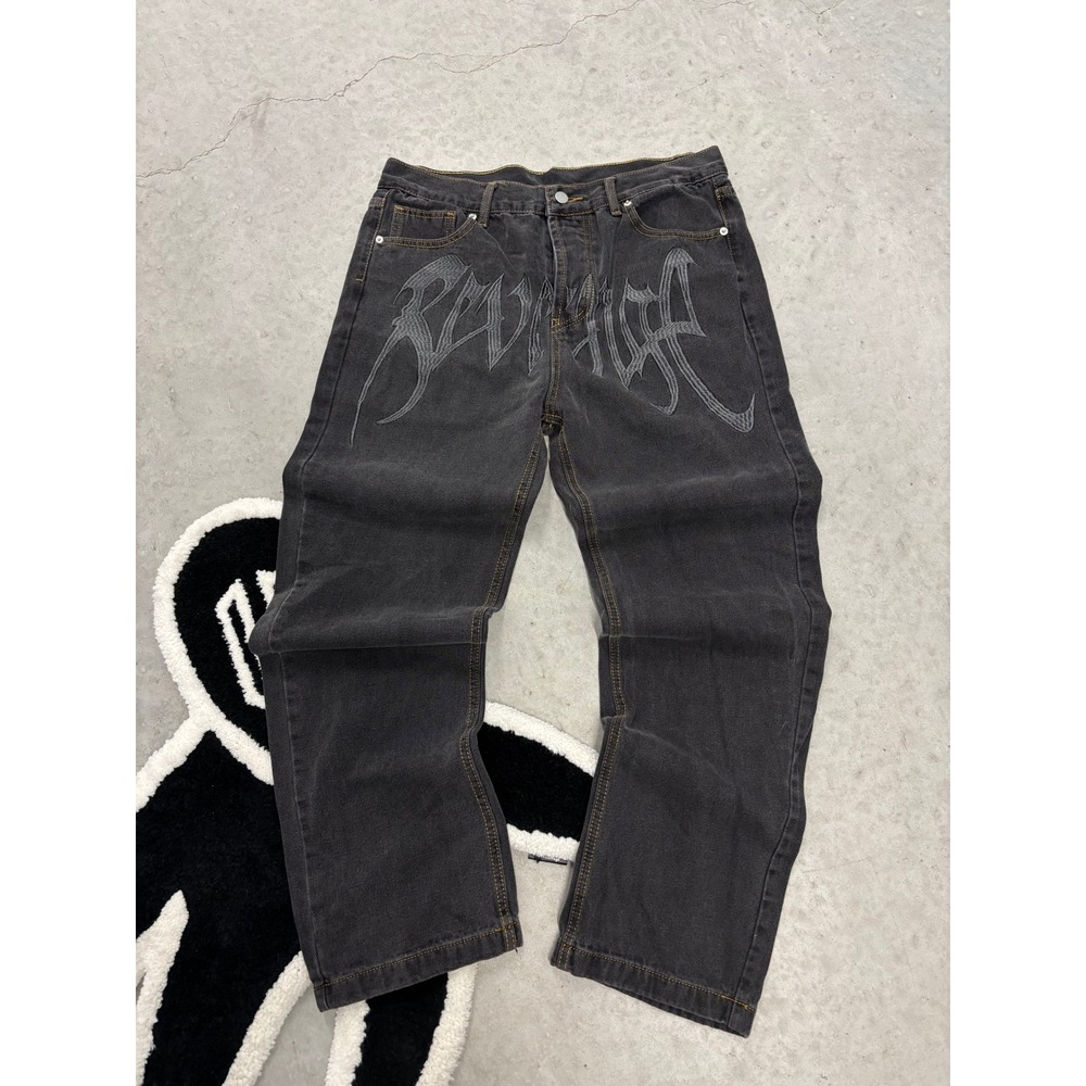Revenge Baggy Embroidered Logo Denim Jeans Washed Black XL 34x28 Streetwear